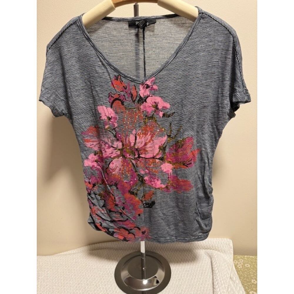 Style & Co. Petite S Floral Graphic Tee Striped Ruched Side V-Neck